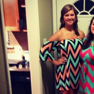 Mint and Coral Chevron Off The Shoulder Dress